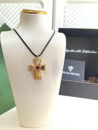 Black Rope Gold Plate Titanium Steel Rhinestone Cross Pendant Statement Necklace