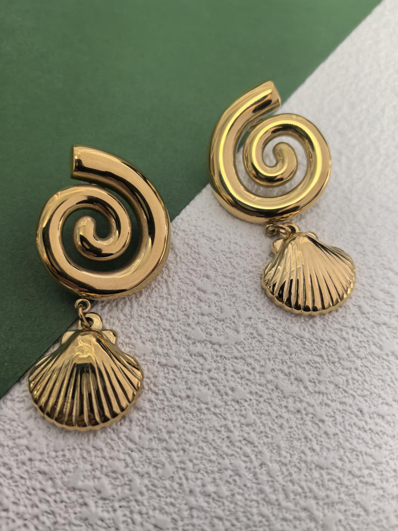 Stainless Steel 18K Gold Plate Swirl Shell Drop Earrings