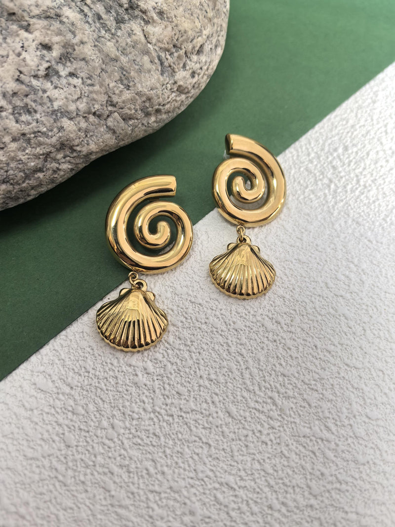 Stainless Steel 18K Gold Plate Swirl Shell Drop Earrings