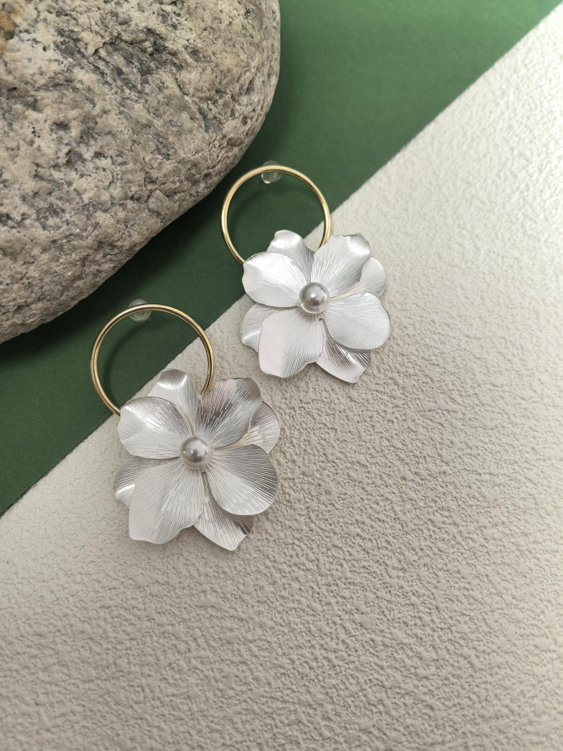 Hoop Camellia Floral Drop Statement Earrings