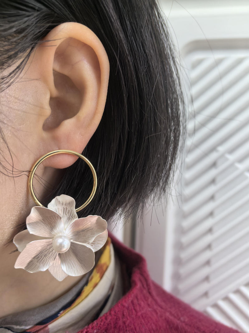 Hoop Camellia Floral Drop Statement Earrings