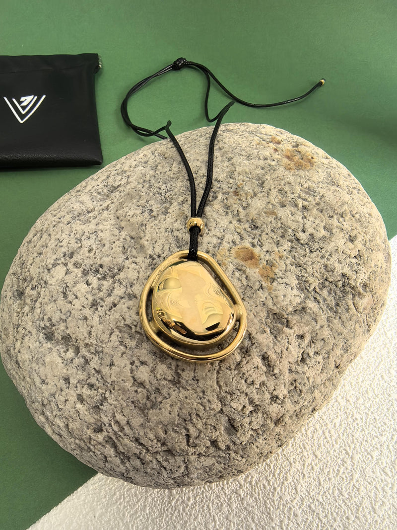 Adjustable Slide Rope 18k-Gold Plate Stainless Steel Minimalist Meteorite Pendant Statement Necklace