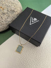 18K Gold Plate Stainless Steel Thin Chain Rectangle Teal Stone Pendant Necklace