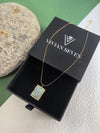 18K Gold Plate Stainless Steel Thin Chain Rectangle Teal Stone Pendant Necklace