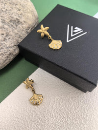 Stainless Steel 18K Gold Plate Starfish Shell Rhinestone Dainty Drop Earrings