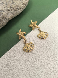 Stainless Steel 18K Gold Plate Starfish Shell Rhinestone Dainty Drop Earrings