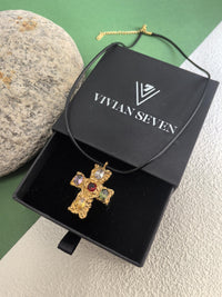 Black Rope Gold Plate Titanium Steel Rhinestone Cross Pendant Statement Necklace