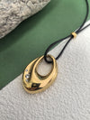 Black Rope Gold Plate Stainless Steel Minimalist Oval Rhinestone Pendant Statement Necklace