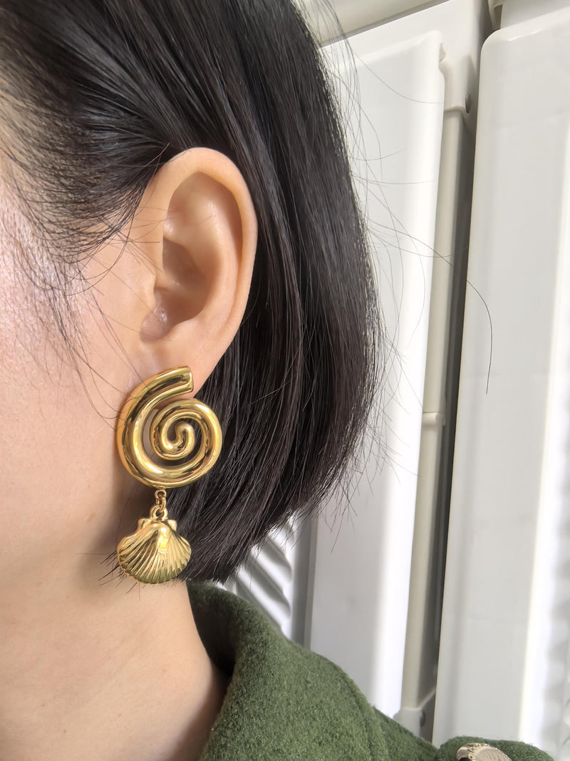 Stainless Steel 18K Gold Plate Swirl Shell Drop Earrings