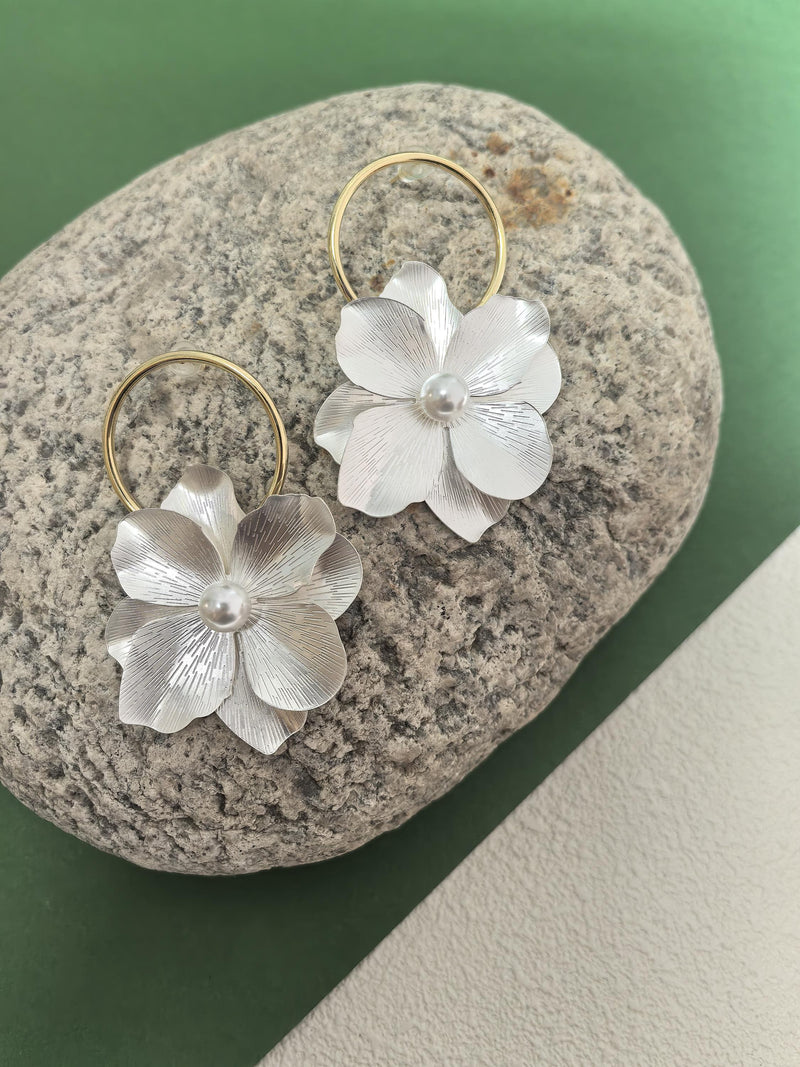 Hoop Camellia Floral Drop Statement Earrings