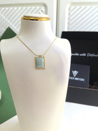 18K Gold Plate Stainless Steel Thin Chain Rectangle Teal Stone Pendant Necklace