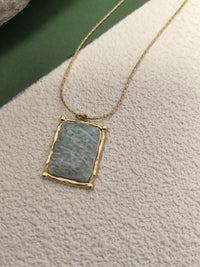 18K Gold Plate Stainless Steel Thin Chain Rectangle Teal Stone Pendant Necklace