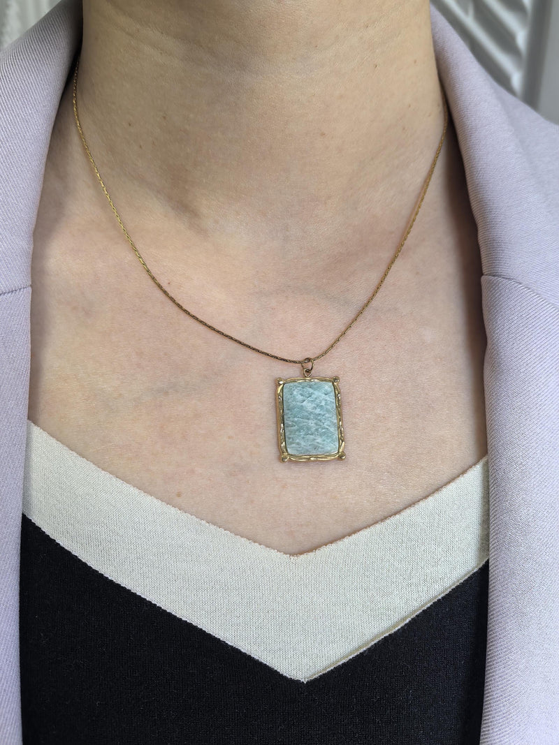 18K Gold Plate Stainless Steel Thin Chain Rectangle Teal Stone Pendant Necklace