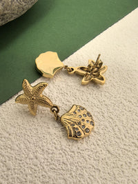 Stainless Steel 18K Gold Plate Starfish Shell Rhinestone Dainty Drop Earrings