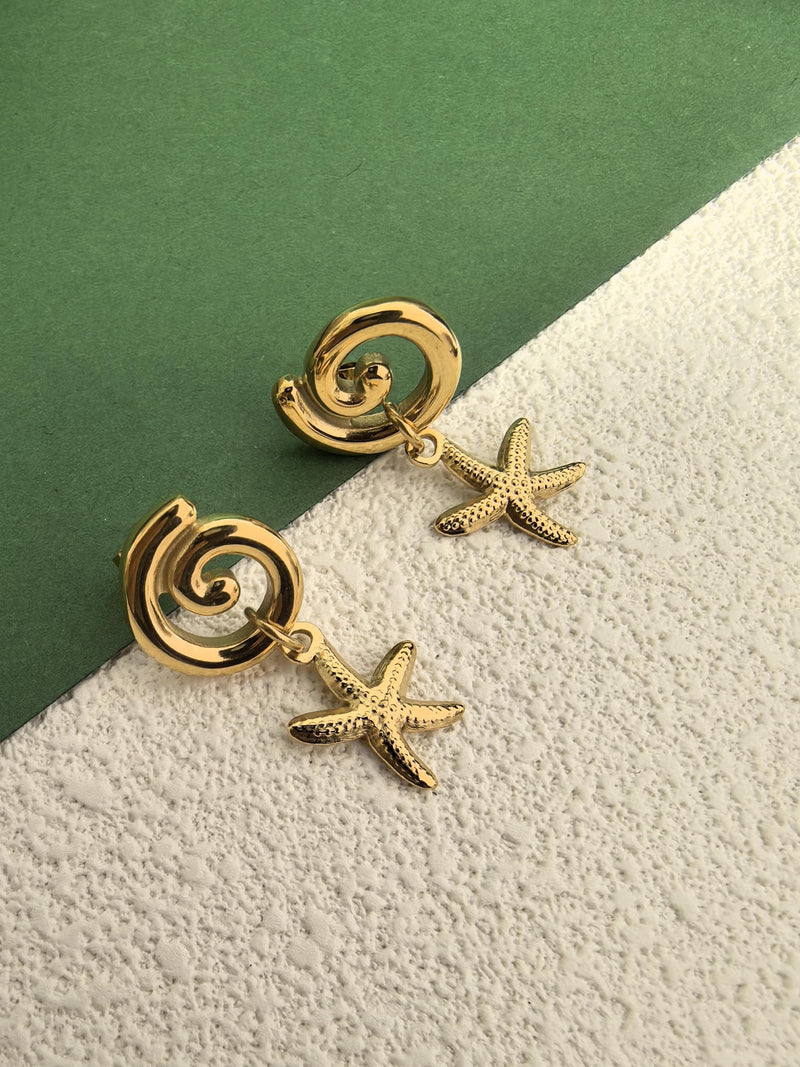 Stainless Steel 18K Gold Plate Swirl Starfish Drop Dainty Earrings