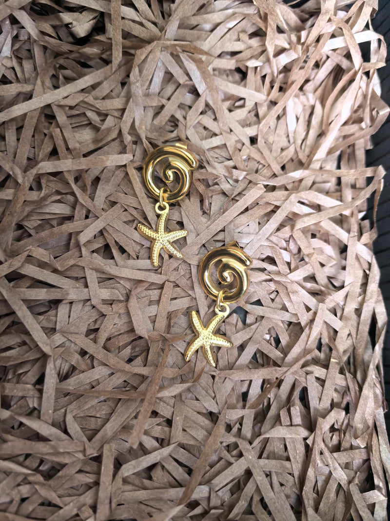 Stainless Steel 18K Gold Plate Swirl Starfish Drop Dainty Earrings