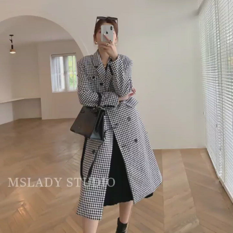 Houndstooth Double Breasted Oversized Long Wool Coat