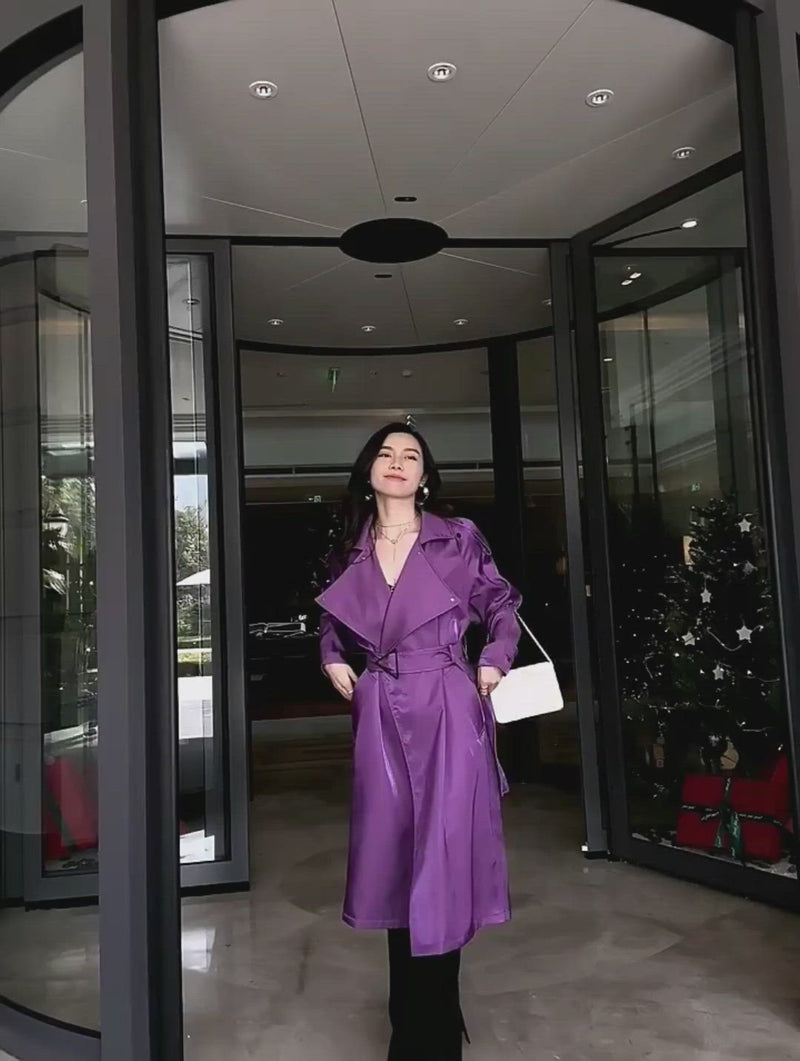 Women Purple Oversize Belted Long Trench Coat