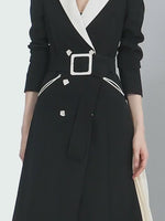 Women Black Beige Color Match Long Trench Dress Coat