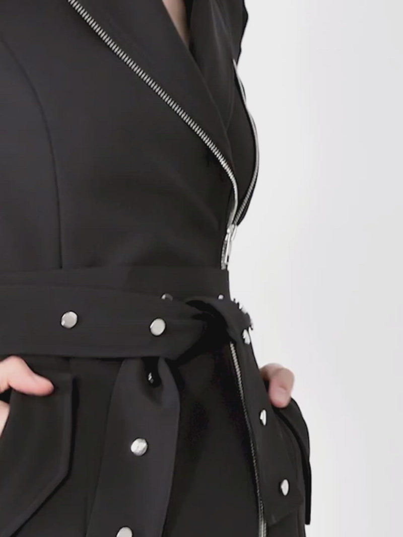 Women Black Irregular Belted Long Blazer Trench Dress