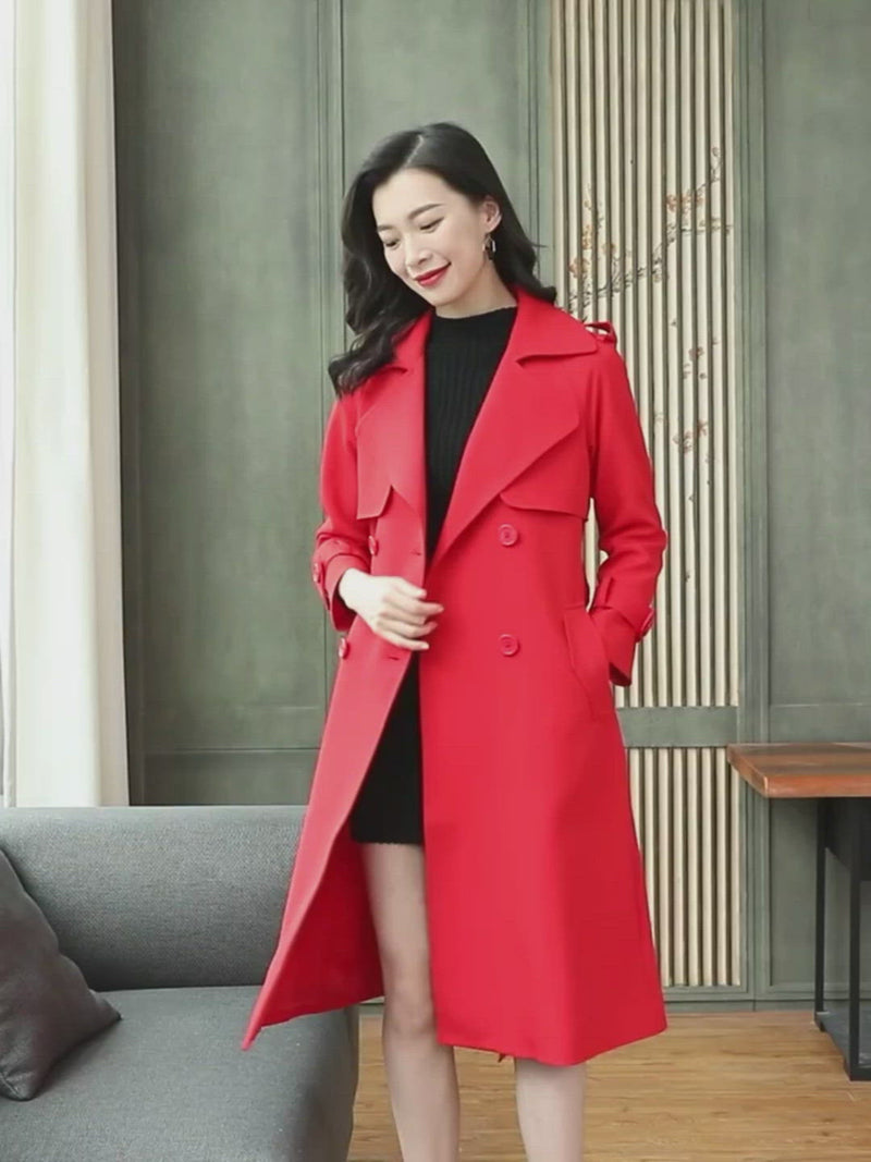 Custom Double Breasted Belted Red Trench Coat