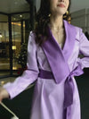 Women Purple Satin Belted Long Gown Trench Coat