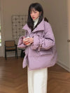 Damen roter übergroßer kurzer gesteppter Puffer-Parka-Mantel lila warme Jacke übergroßer Wintermantel