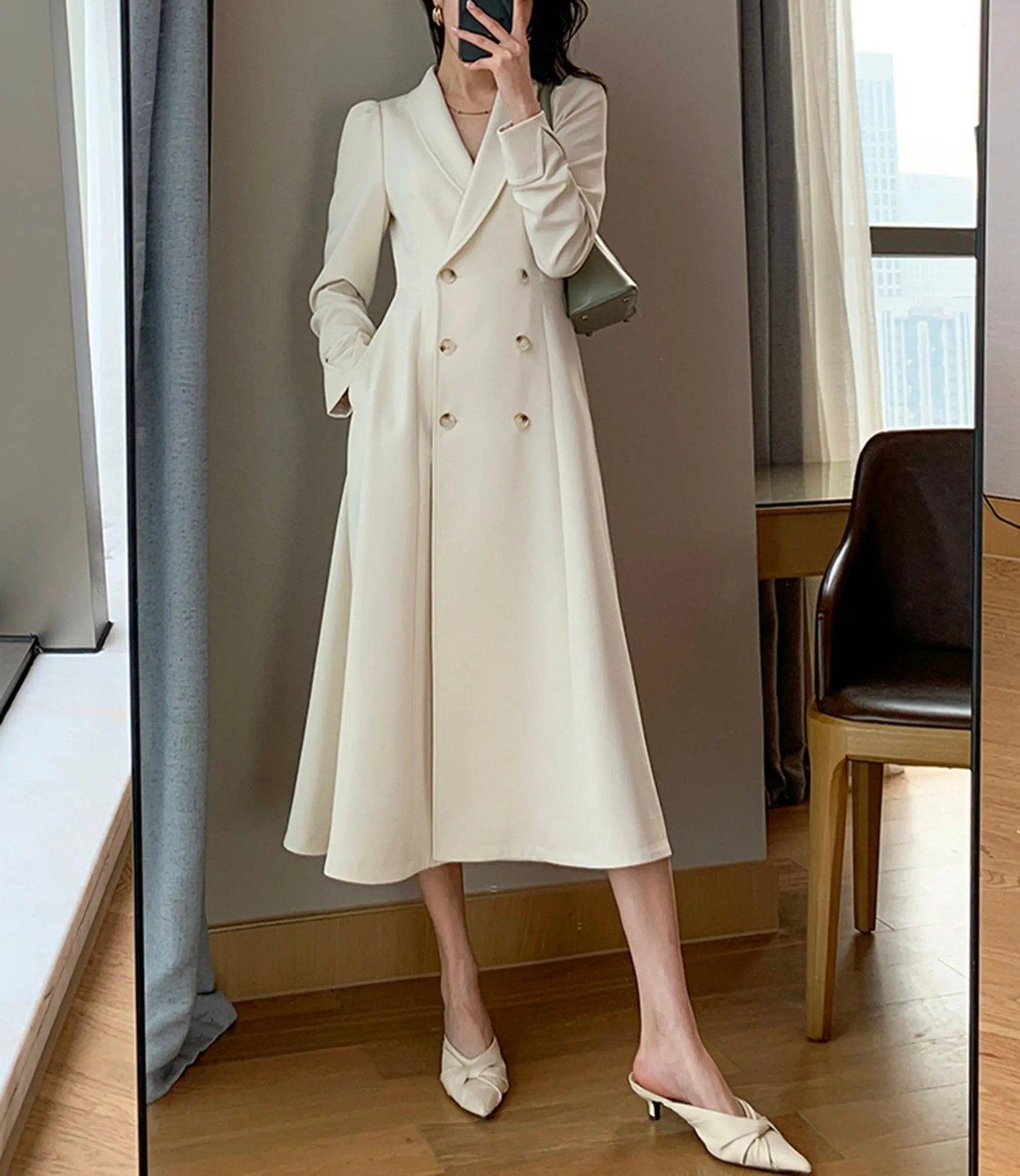 Ivory Double Breasted Blazer Dress Trench Coat