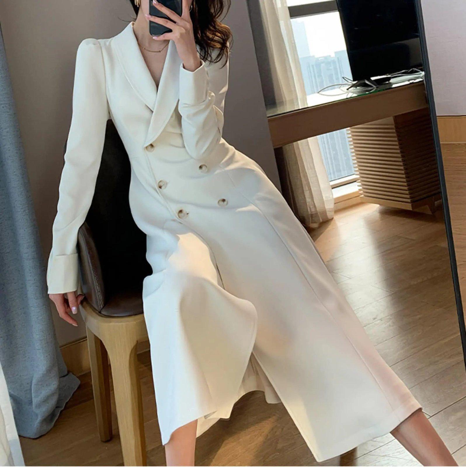 Beige Double Breasted Blazer Dress Coat,Spring Long Sleeve Trench