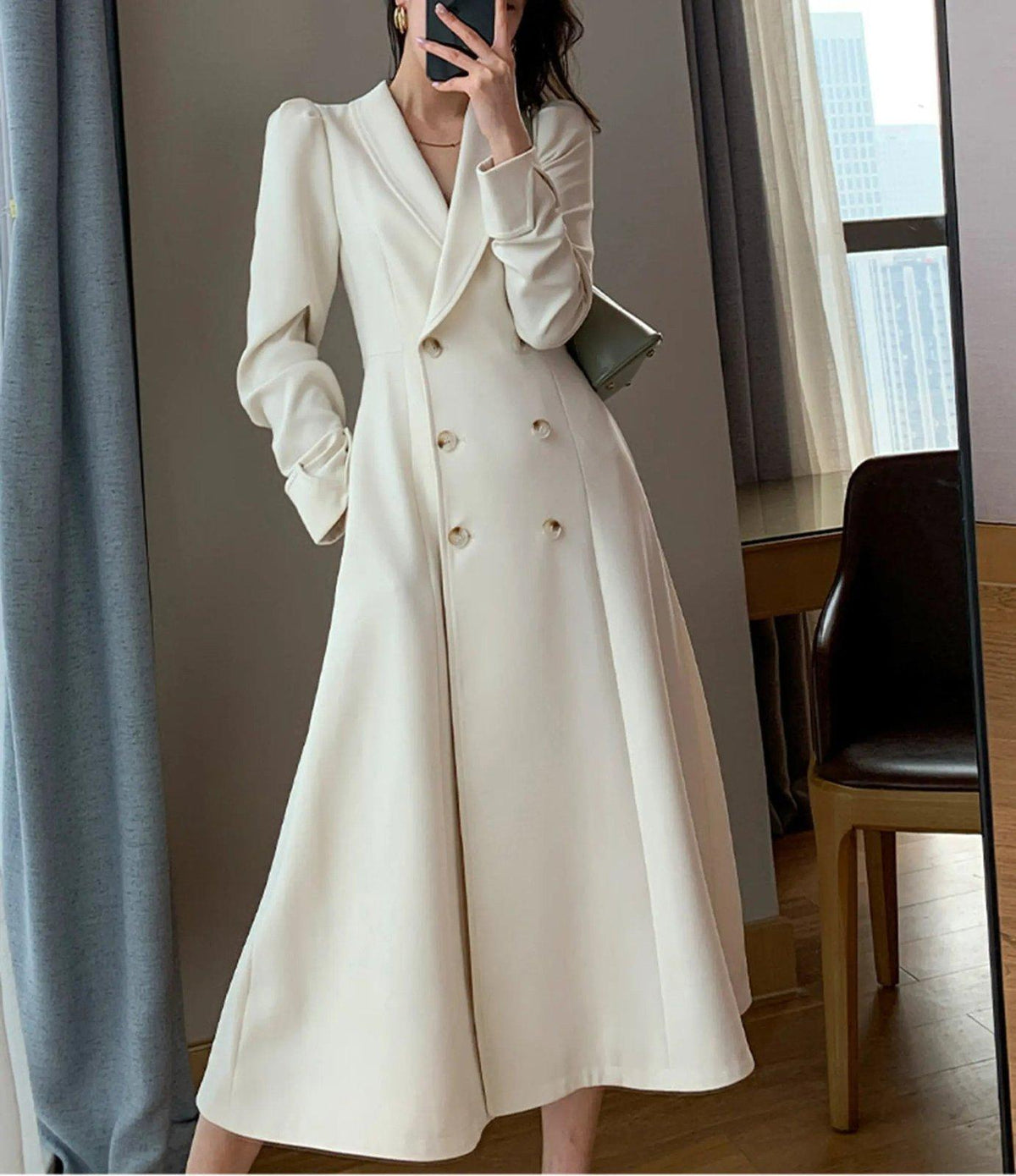 Ivory Double Breasted Blazer Dress Coat