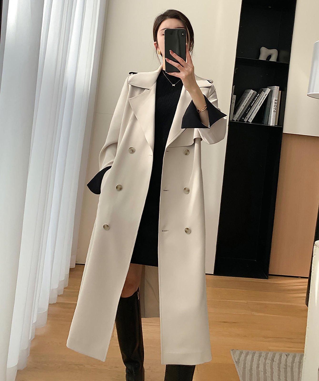 Beige Belted Two-Tone Trench Coat