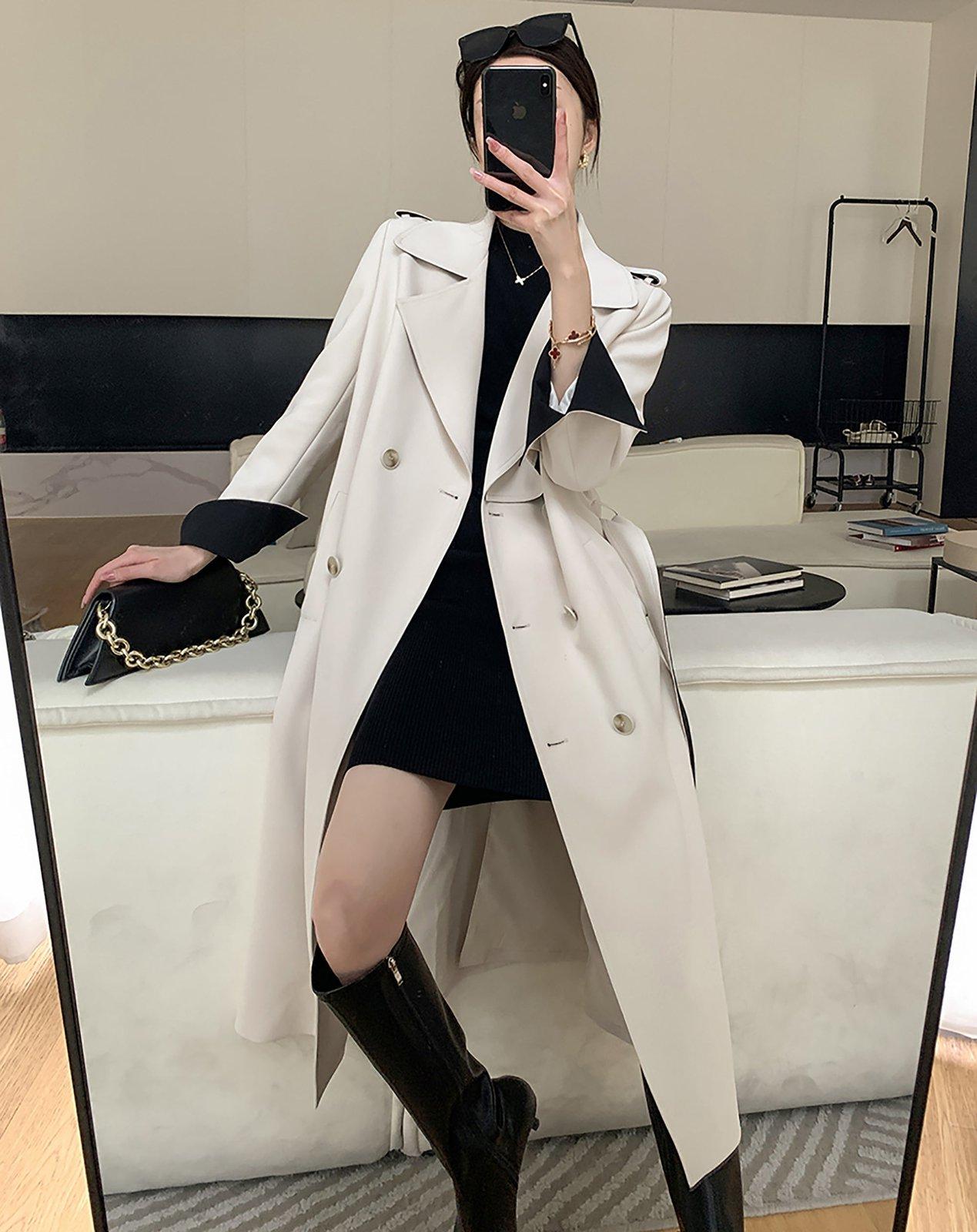 Beige Belted Two-Tone Trench Coat