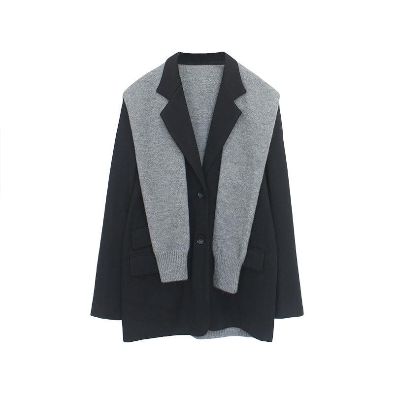 Black Blazer With Gray Knitted Shawls Coat Vivian Seven