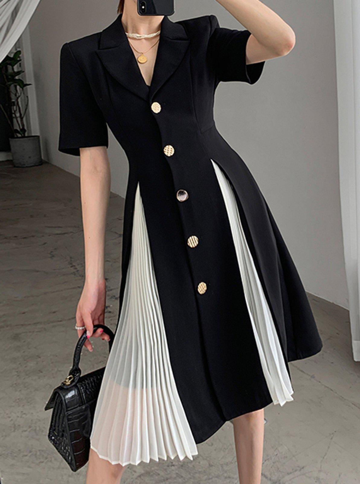 Black Button Notched Collar Short Sleeve Jacket Dress
