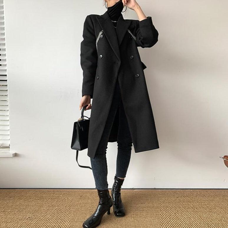 Black Link Double Breasted Chunky Long Wool Coat – Vivian Seven