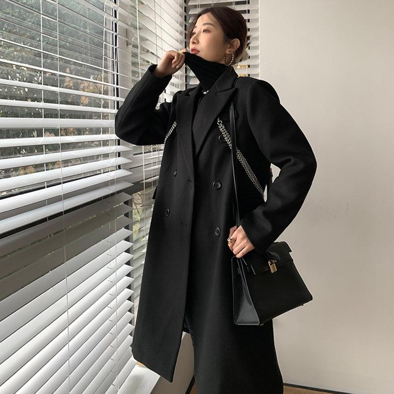 Black Link Double Breasted Chunky Long Wool Coat – Vivian Seven
