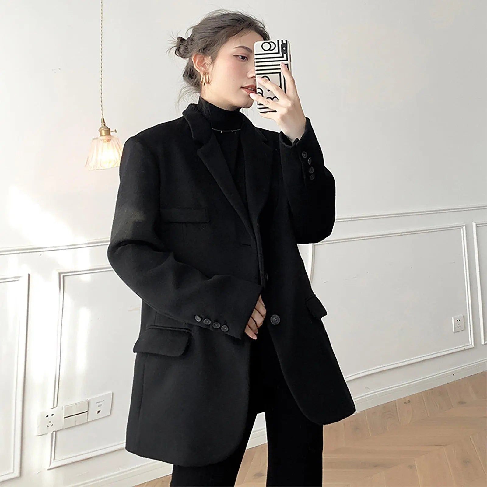 Oversize Black Wool Blend Single-Breasted Blazer Vivian Seven
