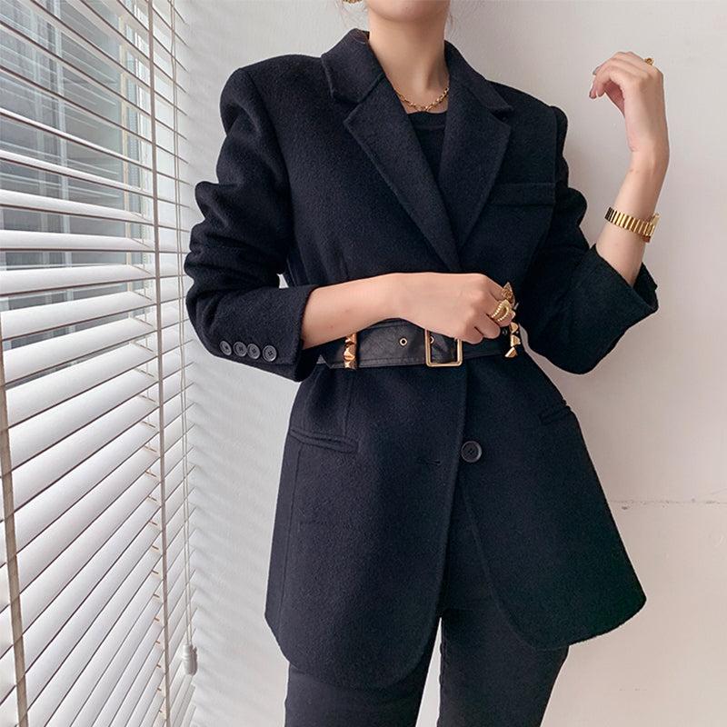 Black Wool Blazer Suit Coat With Belt Vivian Seven