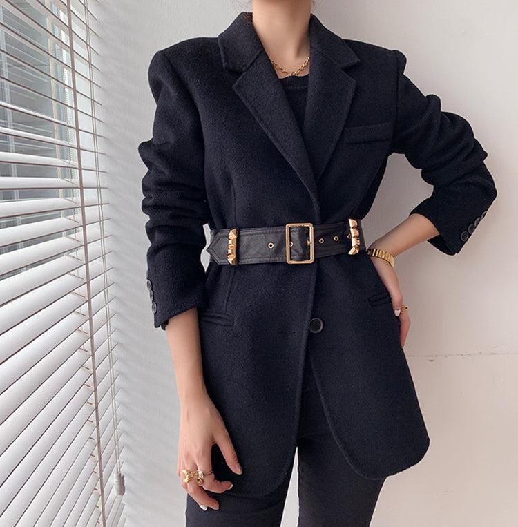 Black Wool Blazer Suit Coat With Belt Vivian Seven