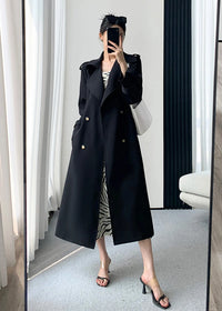 Black Double Breasted Long Trench Coat - Vivian Seven