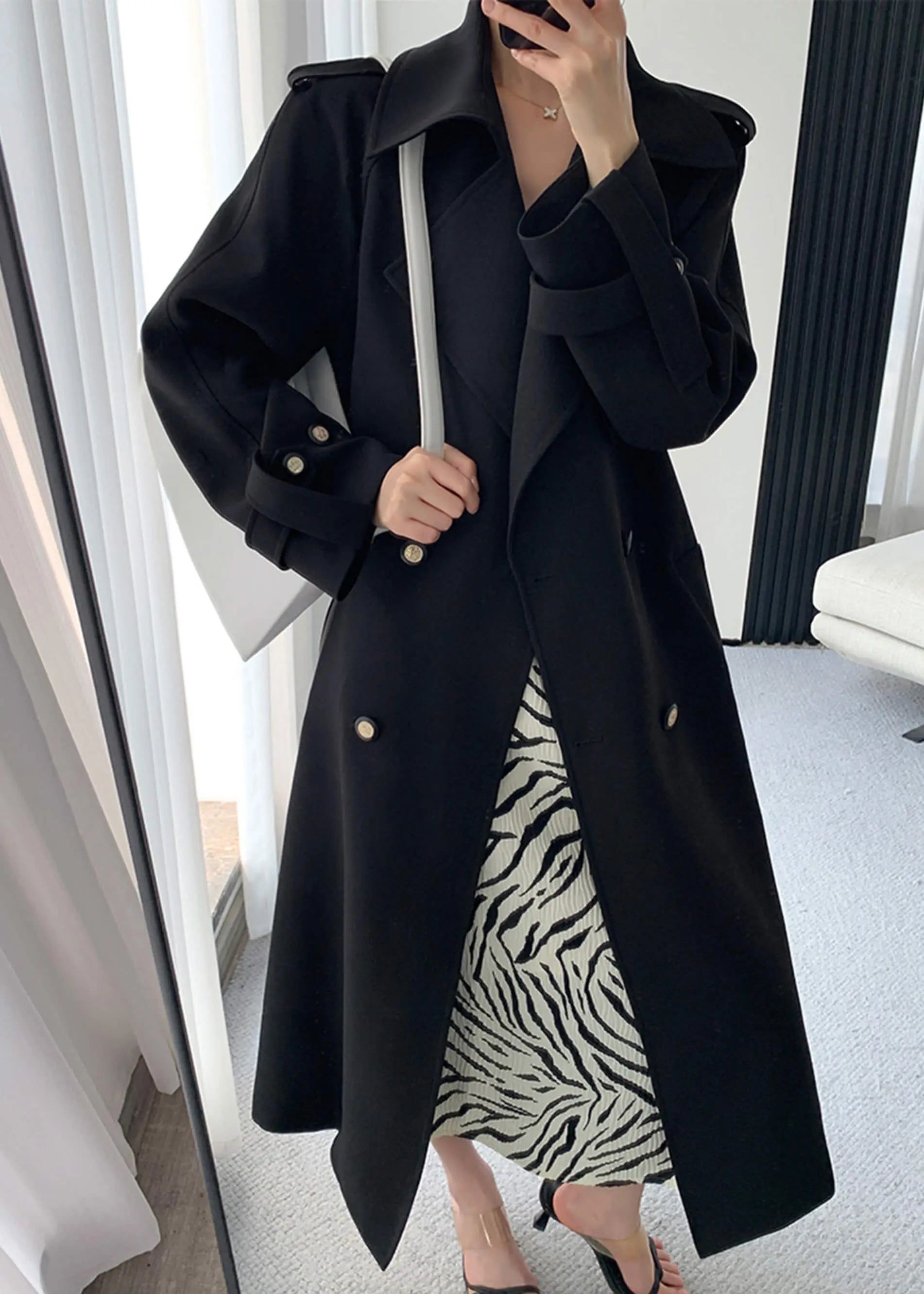 Black Double Breasted Long Trench Coat