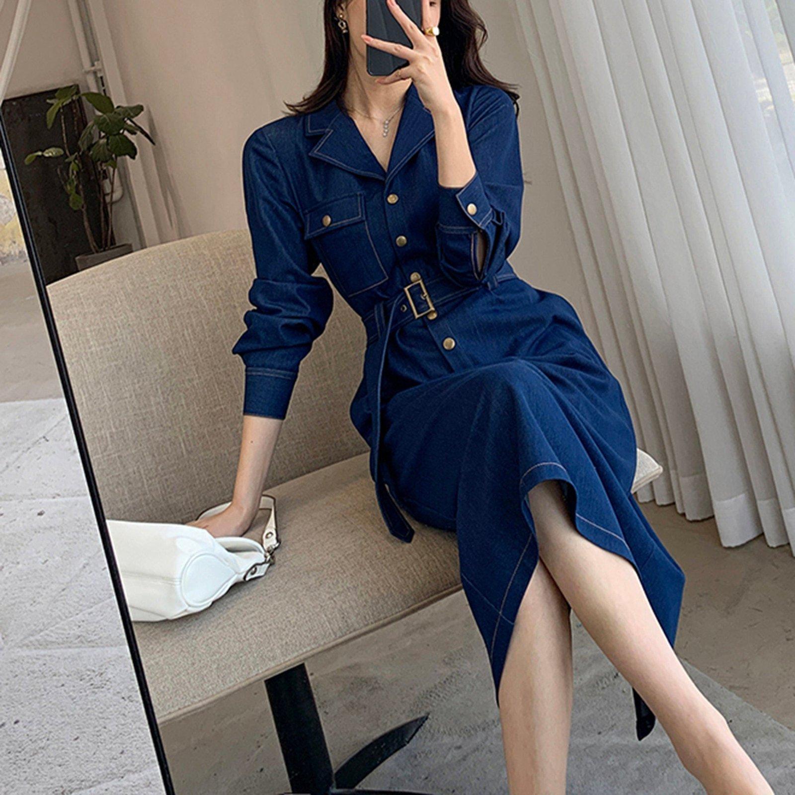 Blue Denim Belted Button Long Sleeve Dress | Vivian Seven XS Blue Denim Belted Button Long Sleeve Dress | Vivian Seven XS