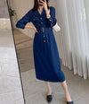 Blue Denim Belted Button Long Sleeve Dress Vivian Seven