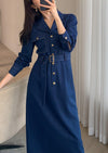 Blue Denim Belted Button Long Sleeve Dress Vivian Seven