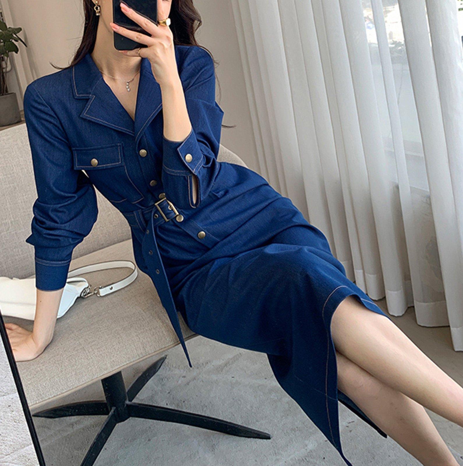 Blue Denim Belted Button Long Sleeve Dress | Vivian Seven Blue Denim Belted Button Long Sleeve Dress | Vivian Seven