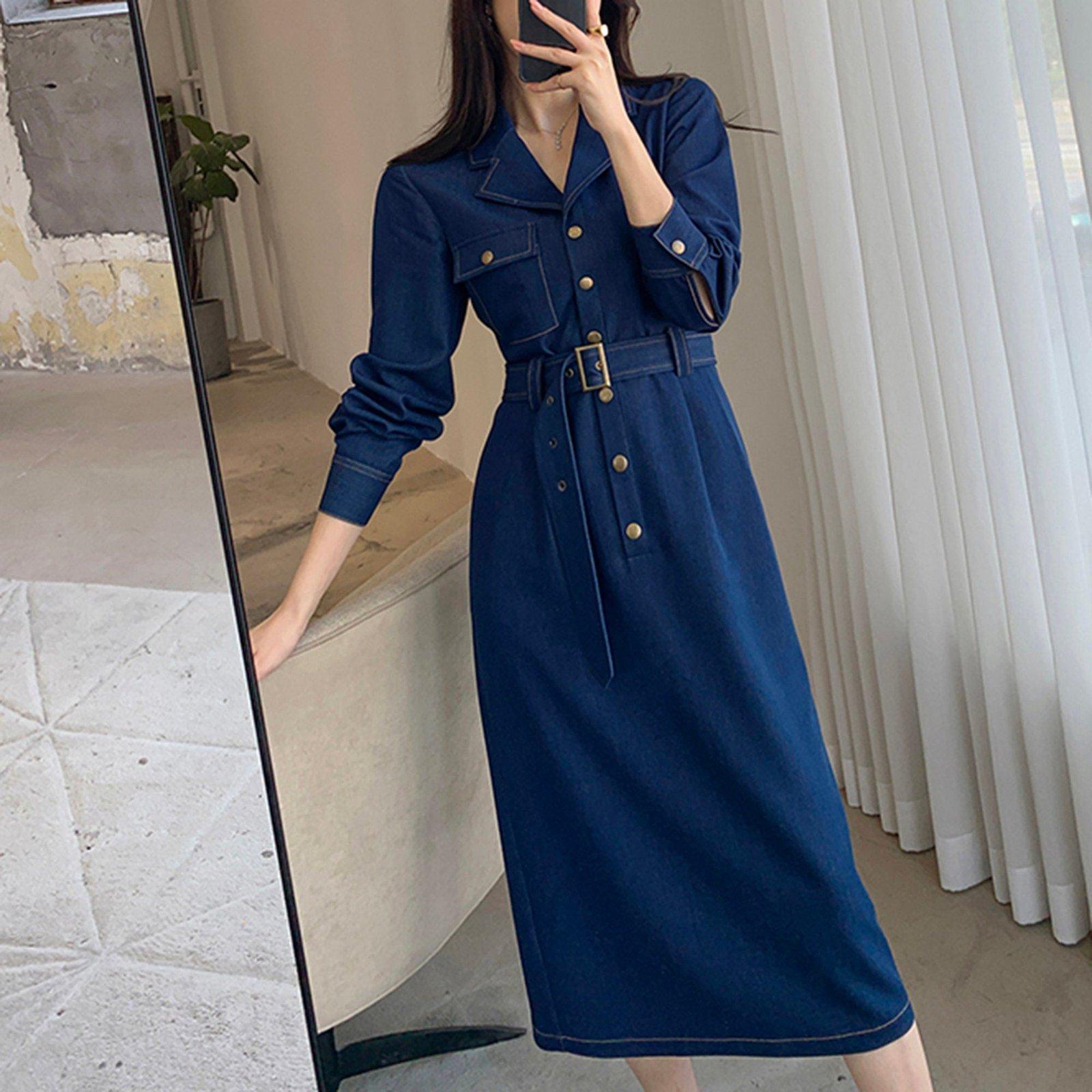 Blue Denim Belted Button Long Sleeve Dress | Vivian Seven Blue Denim Belted Button Long Sleeve Dress | Vivian Seven