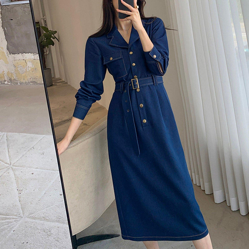 Blue Denim Belted Button Long Sleeve Dress Blue Denim Belted Button Long Sleeve Dress