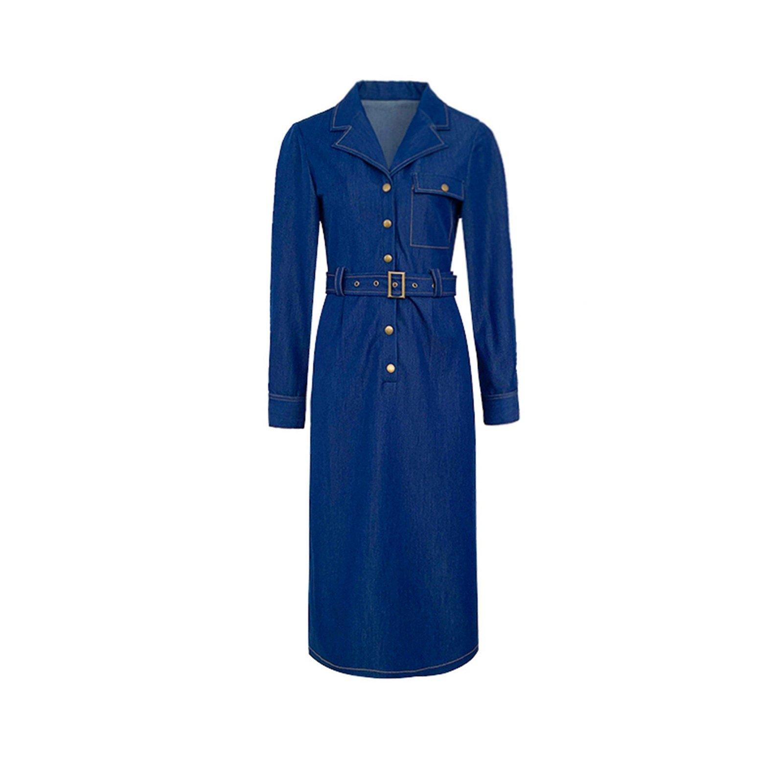 secret mission button down belted denim midi dress Candice Denim Midi Dress - Short Sleeve Button-Down Dress with Belt in Medium Denim