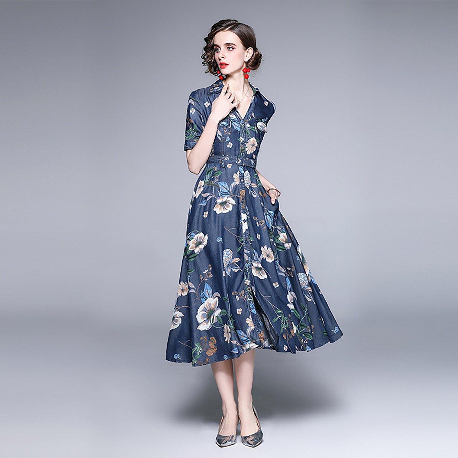 Blue Denim Floral Short Sleeve Fit & Flare Shirtdress | Vivian Seven S Blue Denim Floral Short Sleeve Fit & Flare Shirtdress | Vivian Seven S