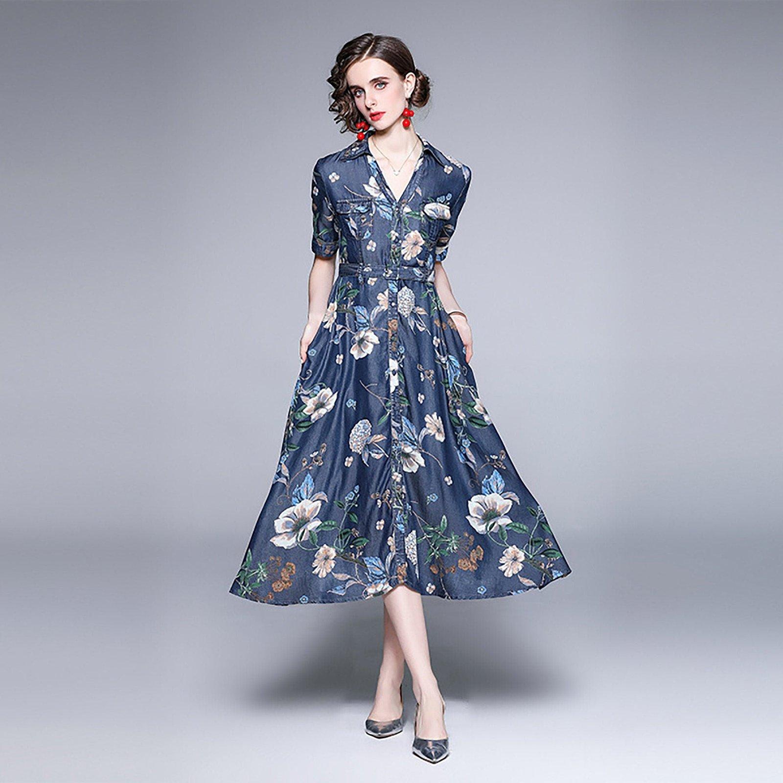 Blue Denim Floral Print Short Sleeve Fit Flare Shirtdress